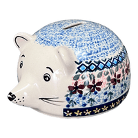 A picture of a Polish Pottery Hedgehog Bank (Lilac Fields) | S005S-WK75 as shown at PolishPotteryOutlet.com/products/hedgehog-bank-lilac-fields-s005s-wk75