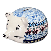 A picture of a Polish Pottery Bank, Hedgehog, 2.5" in "Lilac Fields" by Manufaktura | S005S-WK75 as shown at PolishPotteryOutlet.com/products/hedgehog-bank-lilac-fields-s005s-wk75