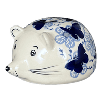 A picture of a Polish Pottery Hedgehog Bank (Blue Butterfly) | S005U-AS58 as shown at PolishPotteryOutlet.com/products/hedgehog-bank-blue-butterfly-s005u-as58