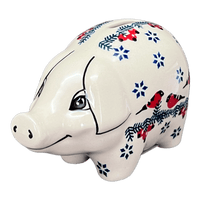 A picture of a Polish Pottery Piggy Bank (Red Bird) | S011T-GILE as shown at PolishPotteryOutlet.com/products/piggy-bank-red-bird-s011t-gile