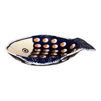 A picture of a Polish Pottery Small Fish Platter (Pheasant Feathers) | S014T-52 as shown at PolishPotteryOutlet.com/products/small-fish-platter-pheasant-feathers-s014t-52
