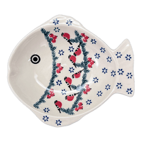 A picture of a Polish Pottery Small Fish Platter (Red Bird) | S014T-GILE as shown at PolishPotteryOutlet.com/products/small-fish-platter-red-bird-s014t-gile