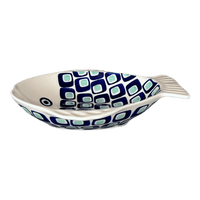 A picture of a Polish Pottery Small Fish Platter (Blue Retro) | S014U-602A as shown at PolishPotteryOutlet.com/products/small-fish-platter-blue-retro-s014u-602a