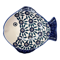 A picture of a Polish Pottery Small Fish Platter (Peacock Parade) | S014U-AS60 as shown at PolishPotteryOutlet.com/products/small-fish-platter-peacock-parade-s014u-as60