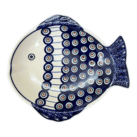 A picture of a Polish Pottery Large Fish Platter (Peacock in Line) | S015T-54A as shown at PolishPotteryOutlet.com/products/large-fish-platter-peacock-in-line-s015t-54a
