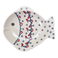 A picture of a Polish Pottery Large Fish Platter (Red Bird) | S015T-GILE as shown at PolishPotteryOutlet.com/products/large-fish-platter-red-bird-s015t-gile