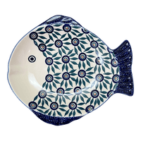 A picture of a Polish Pottery Large Fish Platter (Peacock Parade) | S015U-AS60 as shown at PolishPotteryOutlet.com/products/large-fish-platter-peacock-parade-s015u-as60