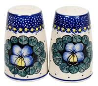 A picture of a Polish Pottery 3.75" Salt and Pepper (Pansies) | S086S-JZB as shown at PolishPotteryOutlet.com/products/3-75-salt-and-pepper-pansies