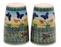 A picture of a Polish Pottery 3.75" Salt and Pepper (Butterflies in Flight) | S086S-WKM as shown at PolishPotteryOutlet.com/products/3-75-salt-and-pepper-butterflies-in-flight-s086s-wkm