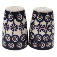 A picture of a Polish Pottery 3.75" Salt and Pepper (Floral Peacock) | S086T-54KK as shown at PolishPotteryOutlet.com/products/3-75-salt-and-pepper-floral-peacock-s086t-54kk