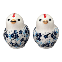 A picture of a Polish Pottery Salt & Pepper Birds (Scattered Blues) | S087S-AS45 as shown at PolishPotteryOutlet.com/products/salt-pepper-birds-scattered-blues-s087s-as45