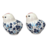 A picture of a Polish Pottery Salt & Pepper Birds (Scattered Blues) | S087S-AS45 as shown at PolishPotteryOutlet.com/products/salt-pepper-birds-scattered-blues-s087s-as45