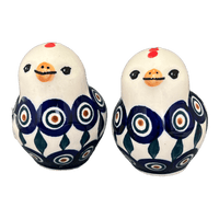 A picture of a Polish Pottery Salt and Pepper Birds (Peacock) | S087T-54 as shown at PolishPotteryOutlet.com/products/salt-pepper-birds-peacock-s087t-54
