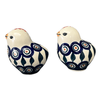 A picture of a Polish Pottery Salt and Pepper Birds (Peacock) | S087T-54 as shown at PolishPotteryOutlet.com/products/salt-pepper-birds-peacock-s087t-54