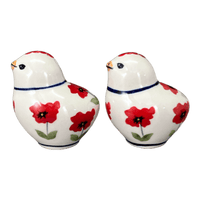 A picture of a Polish Pottery Salt & Pepper Birds (Poppy Garden) | S087T-EJ01 as shown at PolishPotteryOutlet.com/products/salt-pepper-birds-poppy-garden-s087t-ej01