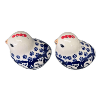 A picture of a Polish Pottery Salt & Pepper Birds (Kitty Cat Path) | S087T-KOT6 as shown at PolishPotteryOutlet.com/products/salt-pepper-birds-kitty-cat-path-s087t-kot6