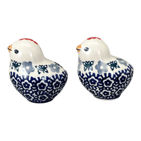 A picture of a Polish Pottery Salt and Pepper Birds (Butterfly Border) | S087T-P249 as shown at PolishPotteryOutlet.com/products/salt-pepper-birds-butterfly-border-s087t-p249