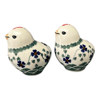 A picture of a Polish Pottery Salt & Pepper Birds (Woven Pansies) | S087T-RV as shown at PolishPotteryOutlet.com/products/salt-pepper-birds-woven-pansies-s087t-rv