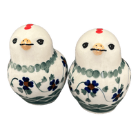 A picture of a Polish Pottery Salt & Pepper Birds (Woven Pansies) | S087T-RV as shown at PolishPotteryOutlet.com/products/salt-pepper-birds-woven-pansies-s087t-rv