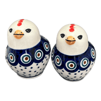 A picture of a Polish Pottery Salt and Pepper Birds (Peacock Dot) | S087U-54K as shown at PolishPotteryOutlet.com/products/salt-pepper-birds-peacock-dot-s087u-54k