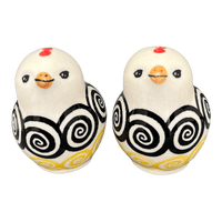 A picture of a Polish Pottery Salt and Pepper Birds (Hypnotic Night) | S087M-CZZC as shown at PolishPotteryOutlet.com/products/salt-pepper-birds-hypnotic-night-s087u-czzc