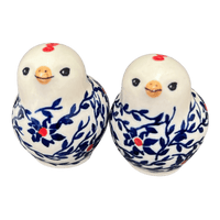 A picture of a Polish Pottery Salt & Pepper Birds (Blue Canopy) | S087U-IS04 as shown at PolishPotteryOutlet.com/products/salt-pepper-birds-blue-canopy-s087u-is04