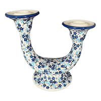 A picture of a Polish Pottery Two-Armed Candle Holder (Scattered Blues) | S134S-AS45 as shown at PolishPotteryOutlet.com/products/two-armed-candle-holder-scattered-blues-s134s-as45