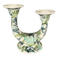 A picture of a Polish Pottery Two-Armed Candle Holder (Scattered Ferns) | S134S-GZ39 as shown at PolishPotteryOutlet.com/products/two-armed-candle-holder-gz39-s134s-gz39