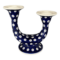 A picture of a Polish Pottery Two-Arm Candlestick (Dot to Dot) | S134T-70A as shown at PolishPotteryOutlet.com/products/two-armed-candle-holder-dot-to-dot-s134t-70a