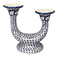 A picture of a Polish Pottery Two-Armed Candle Holder (Kitty Cat Path) | S134T-KOT6 as shown at PolishPotteryOutlet.com/products/two-armed-candle-holder-kitty-cat-path-s134t-kot6