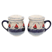 A picture of a Polish Pottery Salt and Pepper Mugs (Smooth Seas) | S138T-DPML as shown at PolishPotteryOutlet.com/products/salt-pepper-mugs-smooth-seas