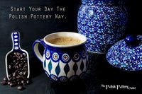A picture of a Polish Pottery Large Belly Mug (Peacock) | K068T-54 as shown at PolishPotteryOutlet.com/products/large-belly-mug-peacock