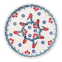 A picture of a Polish Pottery Tiny Round Tray (Red Bird) | T114T-GILE as shown at PolishPotteryOutlet.com/products/tiny-round-tray-red-bird-t114t-gile