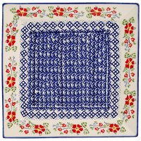 A picture of a Polish Pottery 11.25" Square Dinner Plate (Floral Grid) | T145U-TAB2 as shown at PolishPotteryOutlet.com/products/11-25-square-dinner-plate-floral-grid-1