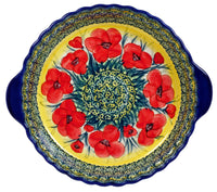 A picture of a Polish Pottery Pie Plate with Handles (Poppies in Bloom) | Z148S-JZ34 as shown at PolishPotteryOutlet.com/products/pie-plate-with-handles-poppies-in-bloom