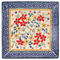 A picture of a Polish Pottery 7" Square Dessert Plate (Ruby Bouquet) | T158S-DPCS as shown at PolishPotteryOutlet.com/products/6-square-dessert-plates-ruby-bouquet
