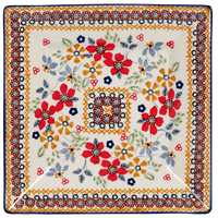 A picture of a Polish Pottery 7" Square Dessert Plate (Ruby Duet) | T158S-DPLC as shown at PolishPotteryOutlet.com/products/6-square-dessert-plates-duet-in-ruby