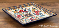 A picture of a Polish Pottery 7" Square Dessert Plate (Ruby Duet) | T158S-DPLC as shown at PolishPotteryOutlet.com/products/6-square-dessert-plates-duet-in-ruby