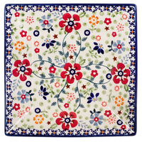 A picture of a Polish Pottery 7" Square Dessert Plate (Full Bloom) | T158S-EO34 as shown at PolishPotteryOutlet.com/products/7-square-dessert-plates-full-bloom
