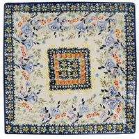 A picture of a Polish Pottery 7" Square Dessert Plate (Trailing Blossoms) | T158S-JZ32 as shown at PolishPotteryOutlet.com/products/7-square-dessert-plates-trailing-blossoms