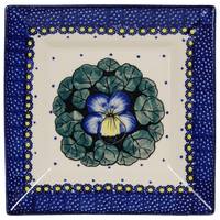 A picture of a Polish Pottery 7" Square Dessert Plate (Pansies) | T158S-JZB as shown at PolishPotteryOutlet.com/products/6-square-dessert-plates-pansies