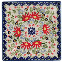 A picture of a Polish Pottery 7" Square Dessert Plate (Floral Fantasy) | T158S-P260 as shown at PolishPotteryOutlet.com/products/6-square-dessert-plates-floral-fantasy