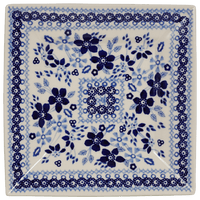 A picture of a Polish Pottery 7" Square Dessert Plate (Duet in Blue) | T158S-SB01 as shown at PolishPotteryOutlet.com/products/7-square-dessert-plates-duet-in-blue