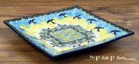 A picture of a Polish Pottery 7" Square Dessert Plate (Soaring Swallows) | T158S-WK57 as shown at PolishPotteryOutlet.com/products/6-square-dessert-plates-soaring-swallows
