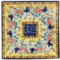 A picture of a Polish Pottery 7" Square Dessert Plate (Butterfly Bliss) | T158S-WK73 as shown at PolishPotteryOutlet.com/products/6-square-dessert-plates-butterfly-bliss