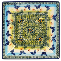 A picture of a Polish Pottery 7" Square Dessert Plate (Butterflies in Flight) | T158S-WKM as shown at PolishPotteryOutlet.com/products/6-square-dessert-plates-butterflies-in-flight