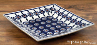 A picture of a Polish Pottery 7" Square Dessert Plate (Floral Peacock) | T158T-54KK as shown at PolishPotteryOutlet.com/products/6-square-dessert-plates-floral-peacock