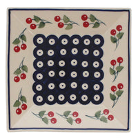 A picture of a Polish Pottery 7" Square Dessert Plate (Cherry Dot) | T158T-70WI as shown at PolishPotteryOutlet.com/products/7-square-dessert-plates-cherry-dot-t158t-70wi