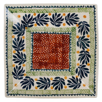 A picture of a Polish Pottery 7" Square Dessert Plate (Jungle Flora) | T158T-DPZG as shown at PolishPotteryOutlet.com/products/6-square-dessert-plates-jungle-fever
