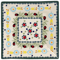 A picture of a Polish Pottery 7" Square Dessert Plate (Lady Bugs) | T158T-IF45 as shown at PolishPotteryOutlet.com/products/6-square-dessert-plates-lady-bugs